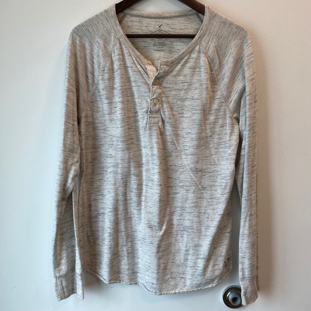 American Eagle Henley Men M Grey Space Dye Long Sleeve Vintage Raglan Shirt